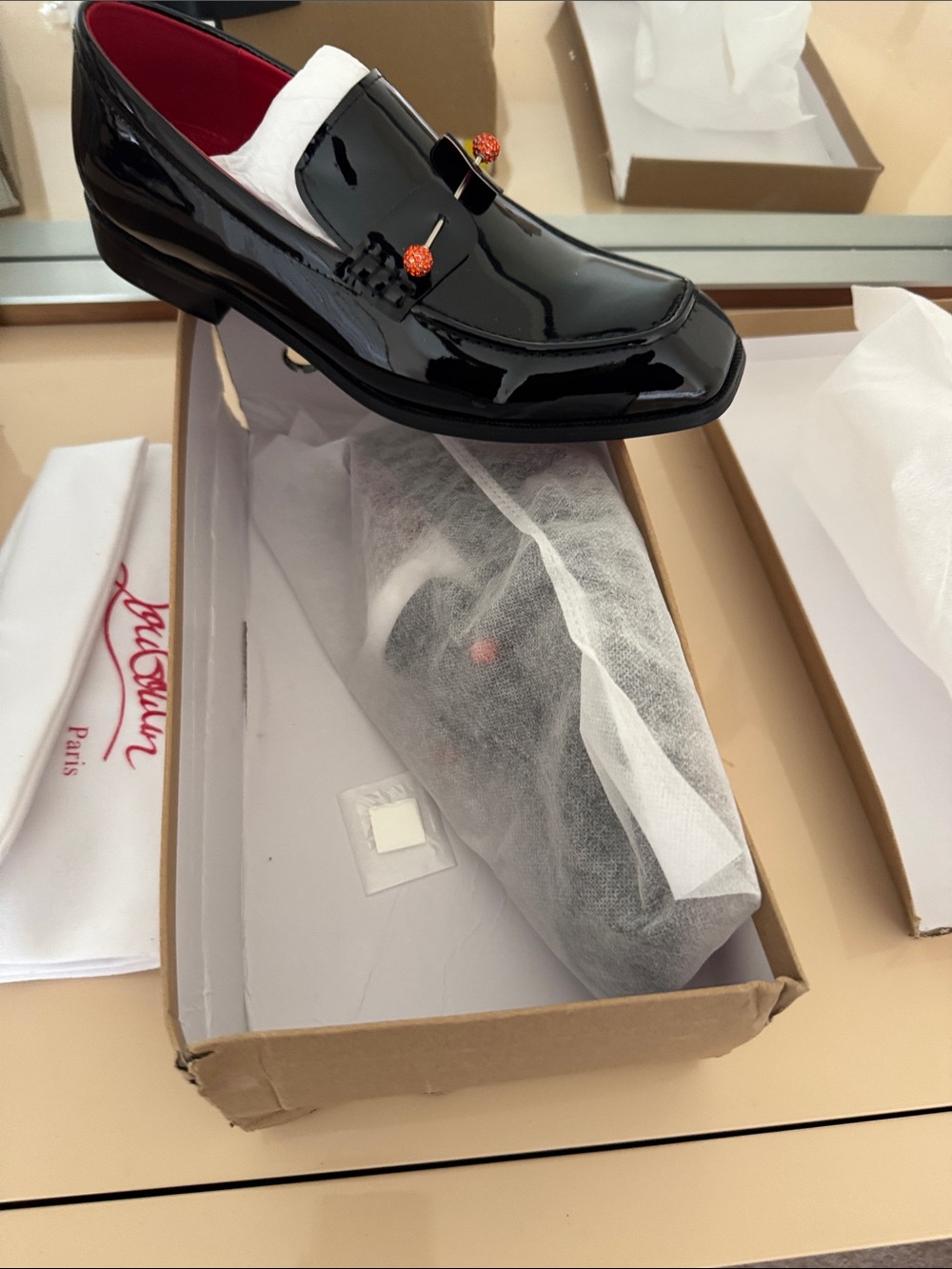 Christian Louboutin Black Patent Leather Loafer with Orange Bead Accents - Picture 5 of 5